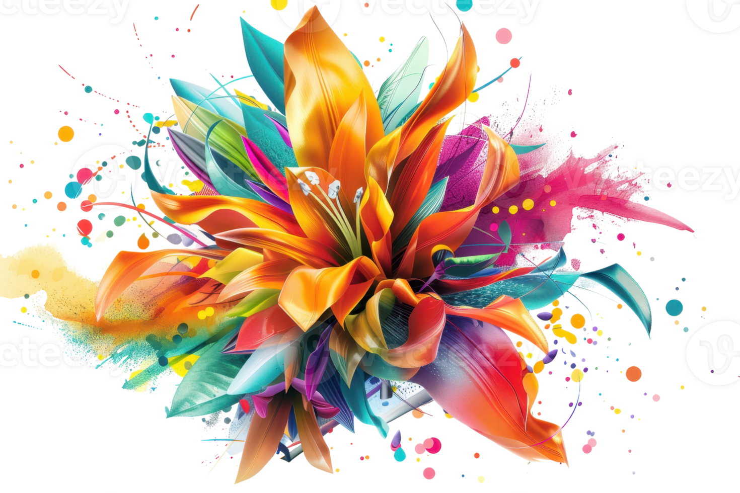 Vibrant abstract flower with colorful petals and artistic paint splashes. Perfect for creative projects and backgrounds. png