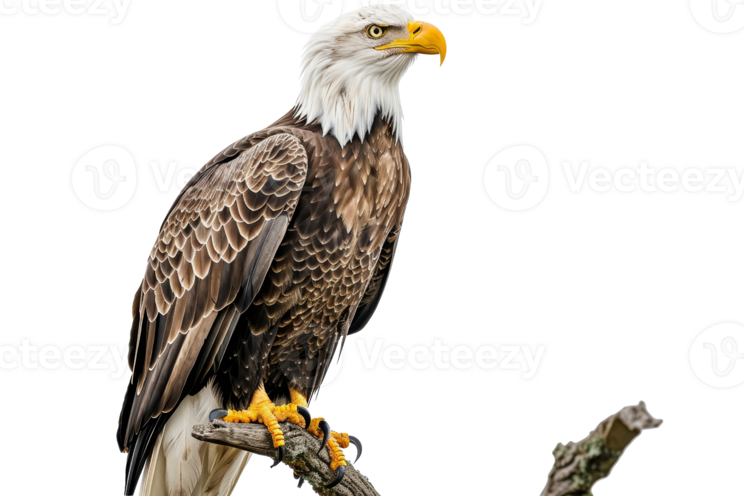 A majestic bald eagle perched on a branch, showcasing its sharp yellow beak and striking plumage against a clear background. png