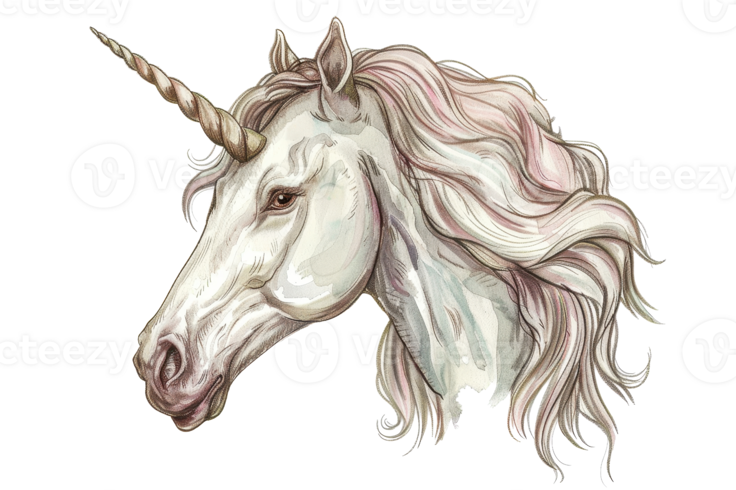 Watercolor illustration of a majestic unicorn with flowing mane, showing grace and enchantment in mythical fantasy art. png