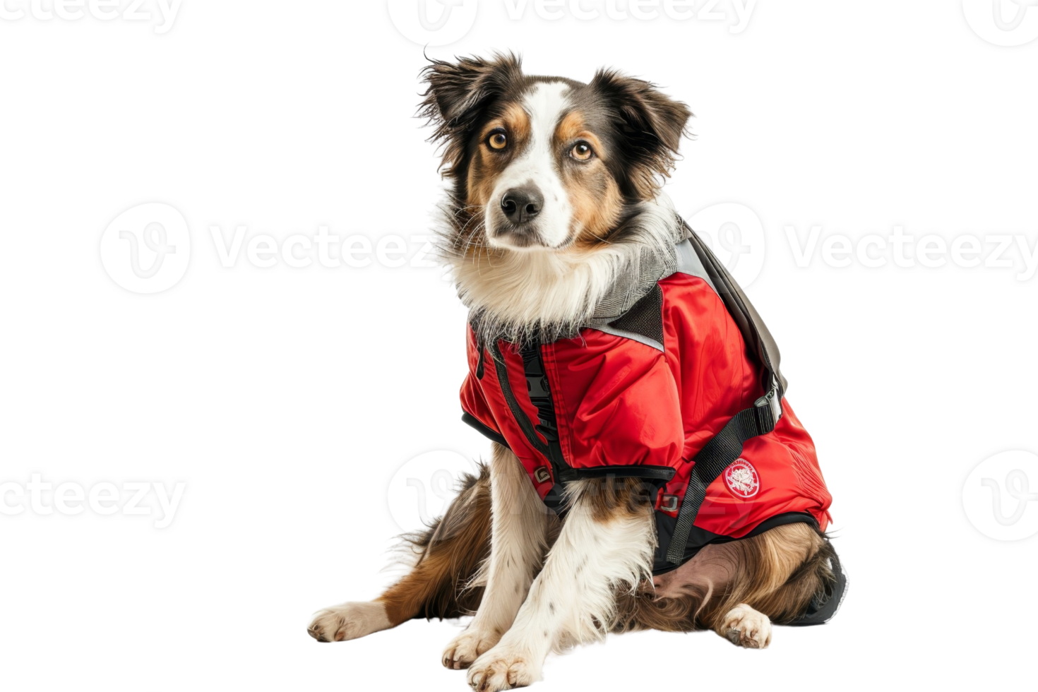 Adorable dog in red jacket posing, isolated on transparent background. Ideal for pet, animal, and outdoor-themed stock images. png