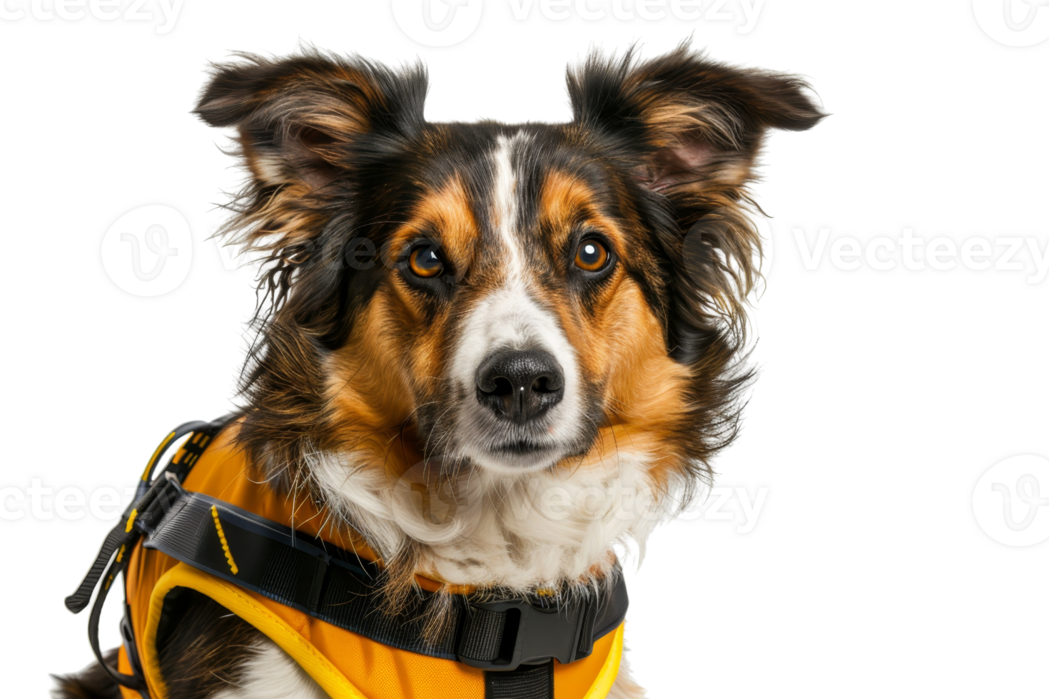 Adorable dog wearing a bright life jacket looking attentively. Perfect for pet-related content or safety themes. png