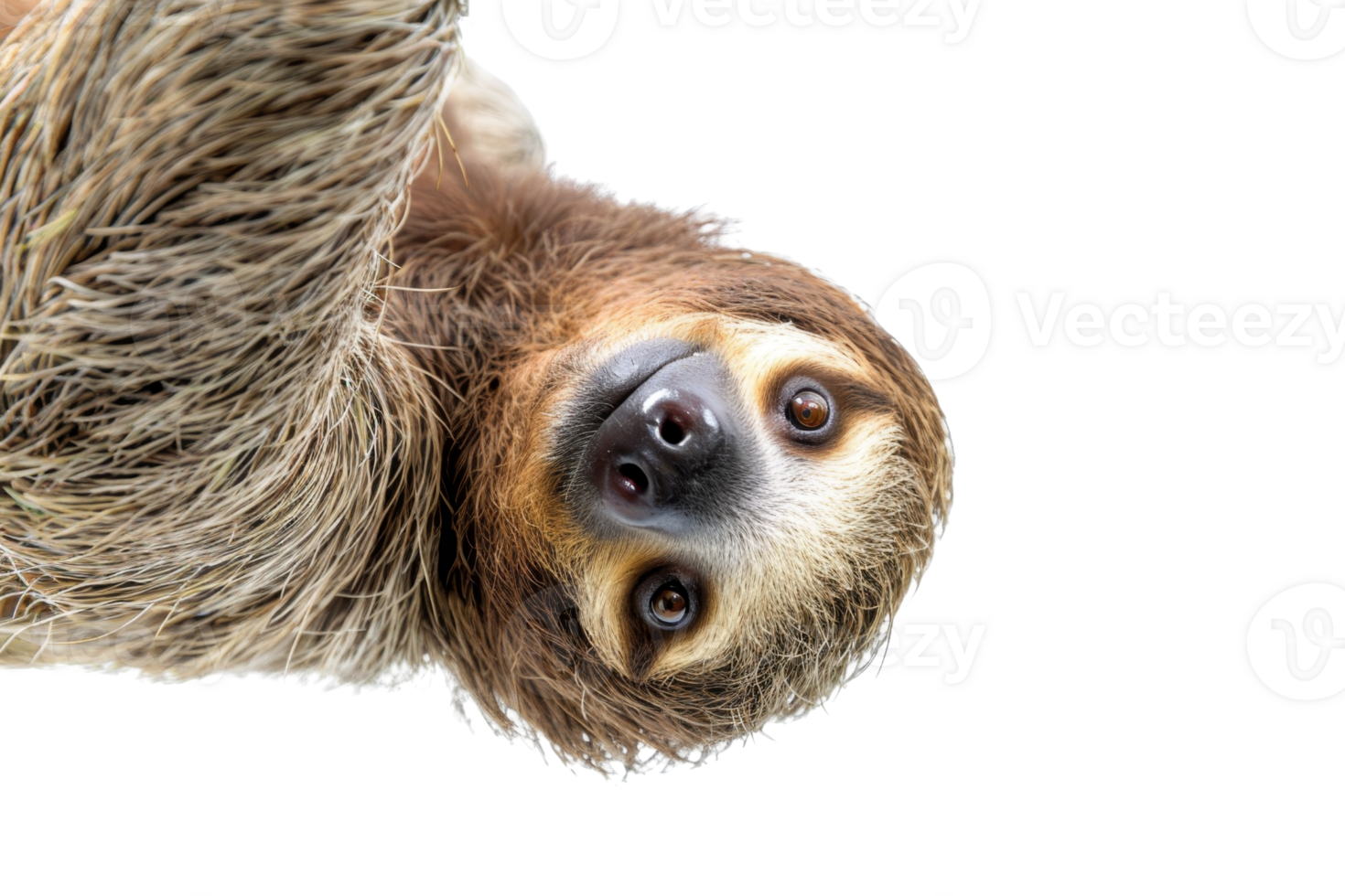 Adorable close-up of a curious sloth hanging upside down, showcasing its gentle face and furry body in a transparent background. png