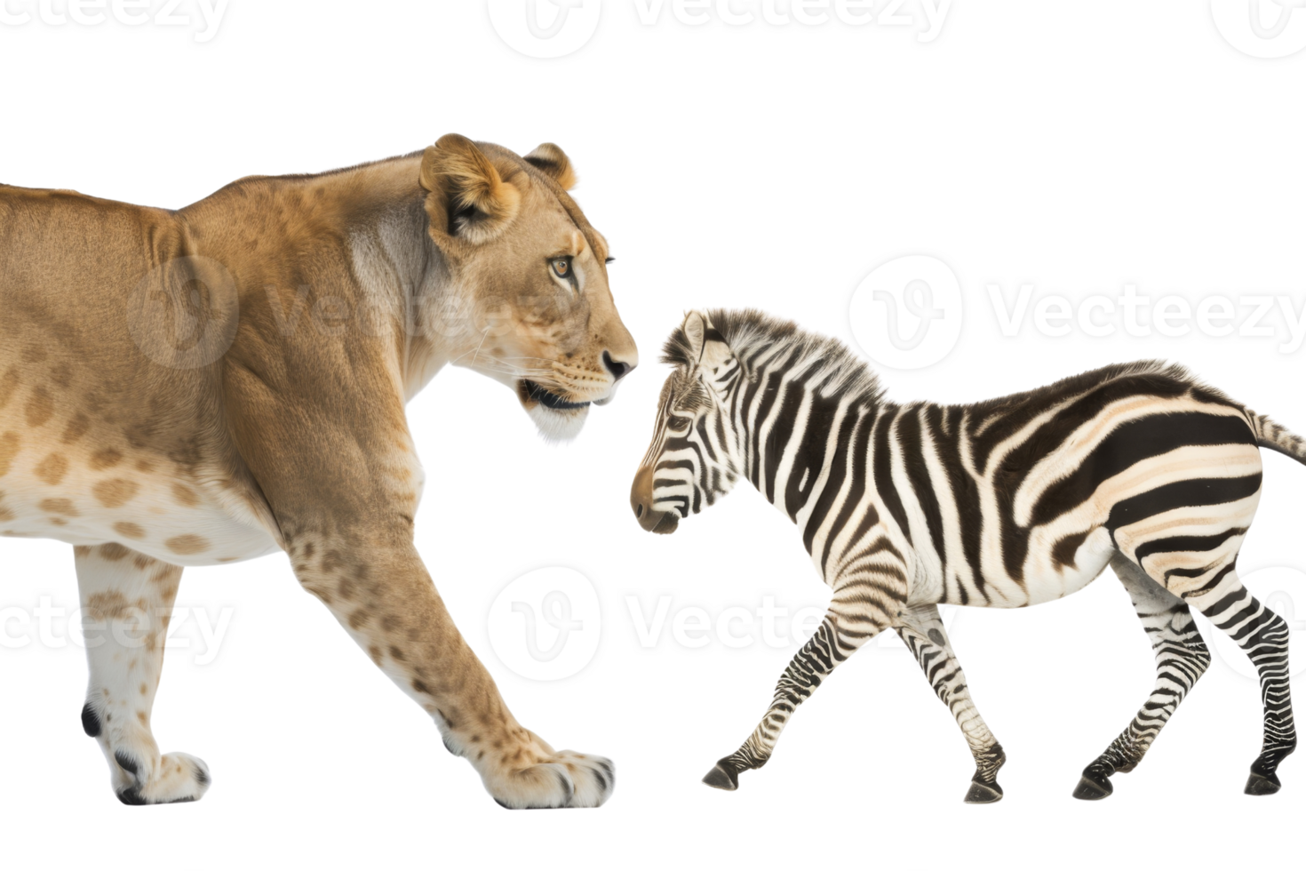 een leeuwin en een zebra veulen gezicht elk andere in een dichtbij ontmoeting, creëren een boeiend moment in de wild. png