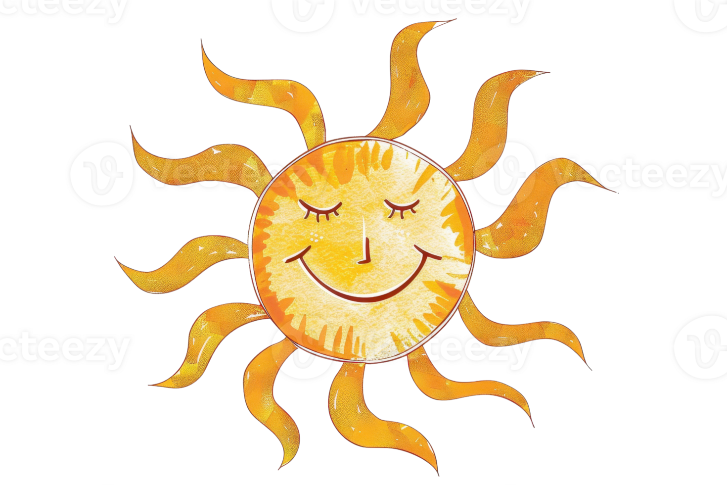Cheerful watercolor sun illustration with a smiling face and wavy sun rays, perfect for summer designs and creative projects. png