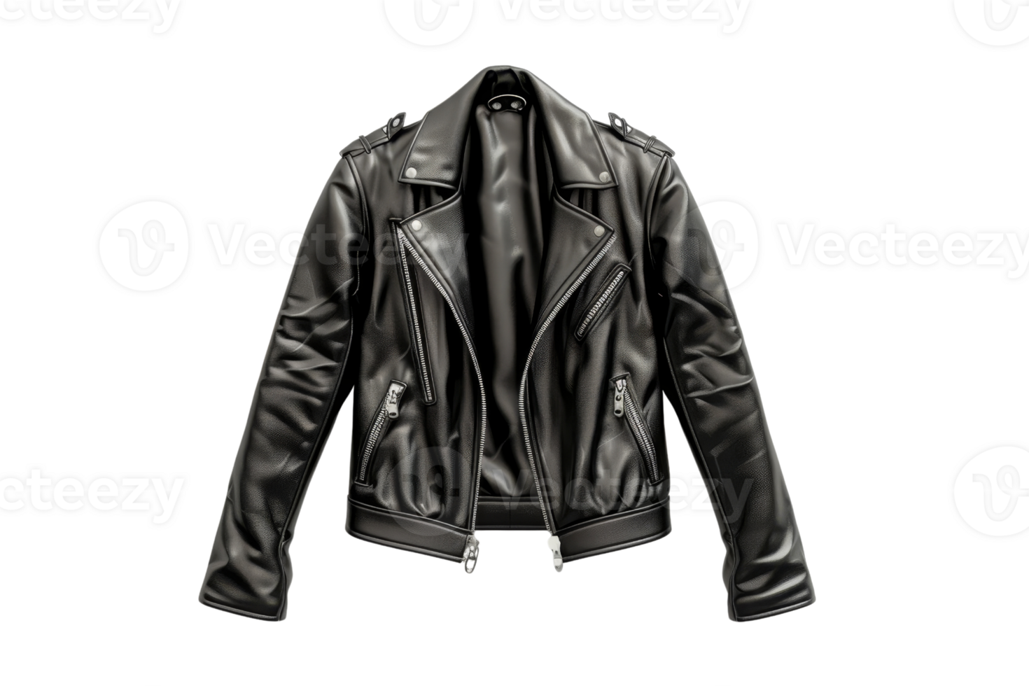 Black leather jacket with zippers and classic design. Ideal for casual wear or riding. Stylish, trendy, and versatile outerwear. png