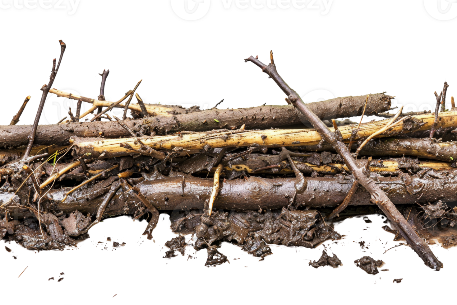 A close-up of a pile of wet, muddy sticks and twigs, showcasing the texture and natural details in an earthy setting. png