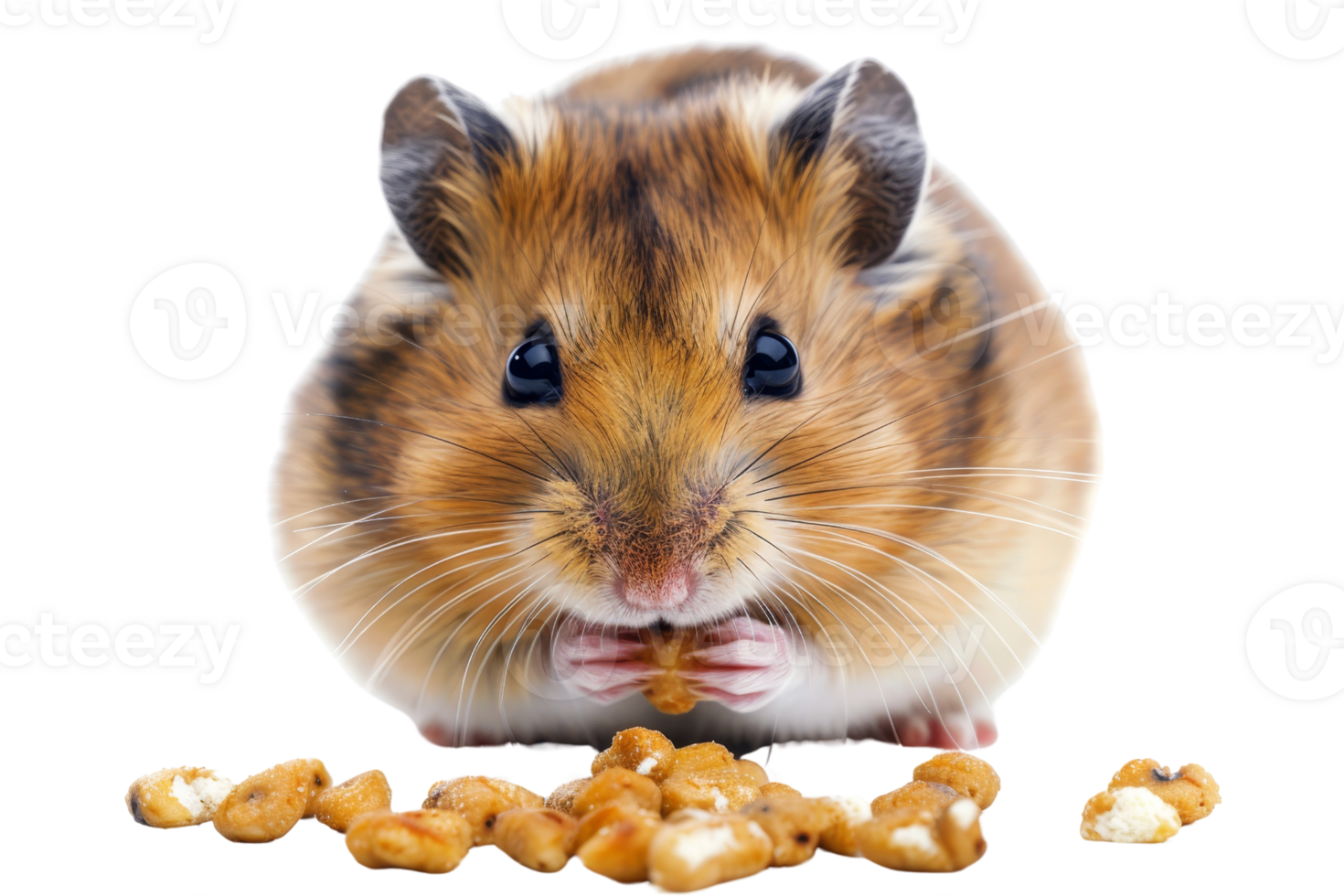 Adorable hamster with chubby cheeks eating nuts. Close-up of a cute pet rodent enjoying a snack, isolated on transparent background. png