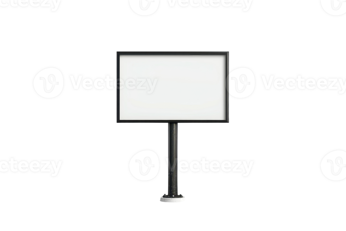 Empty white rectangular sign on a black stand with a blank space for text or advertisement against a transparent background. png