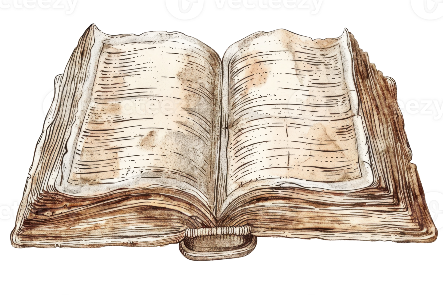 Vintage open book illustration with weathered pages and antique appearance, highlighting a sense of history and tradition. png