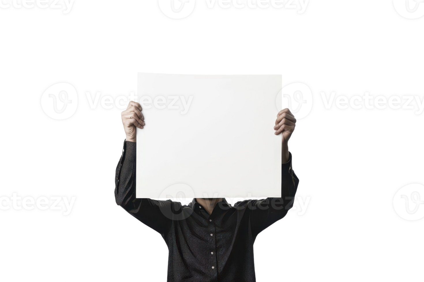Person holding blank whiteboard in front of face isolated on transparent background. Concept of anonymity, privacy, and personal space. png