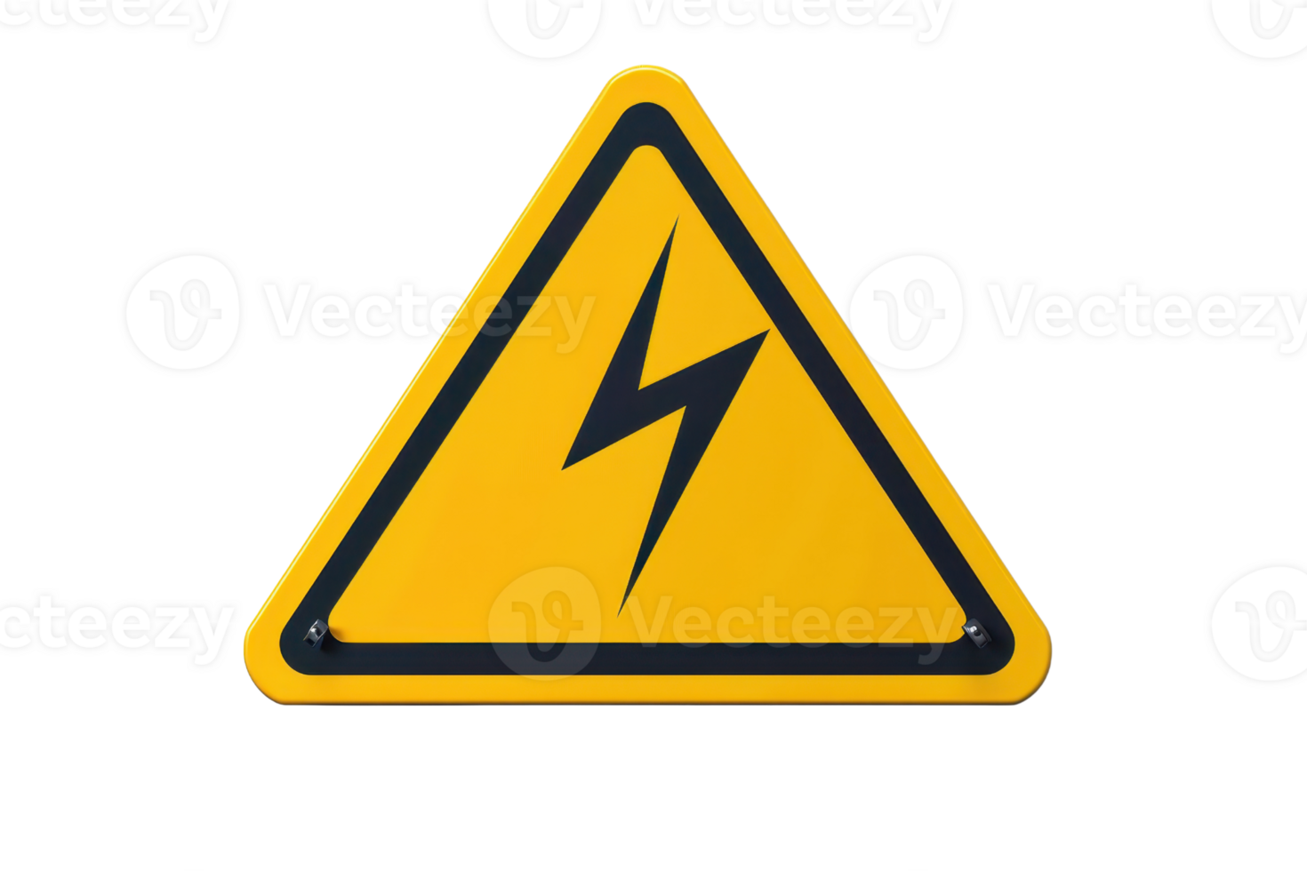 Yellow triangle warning sign with black lightning bolt icon indicating electrical hazard or high voltage danger. Isolated on transparent background. png