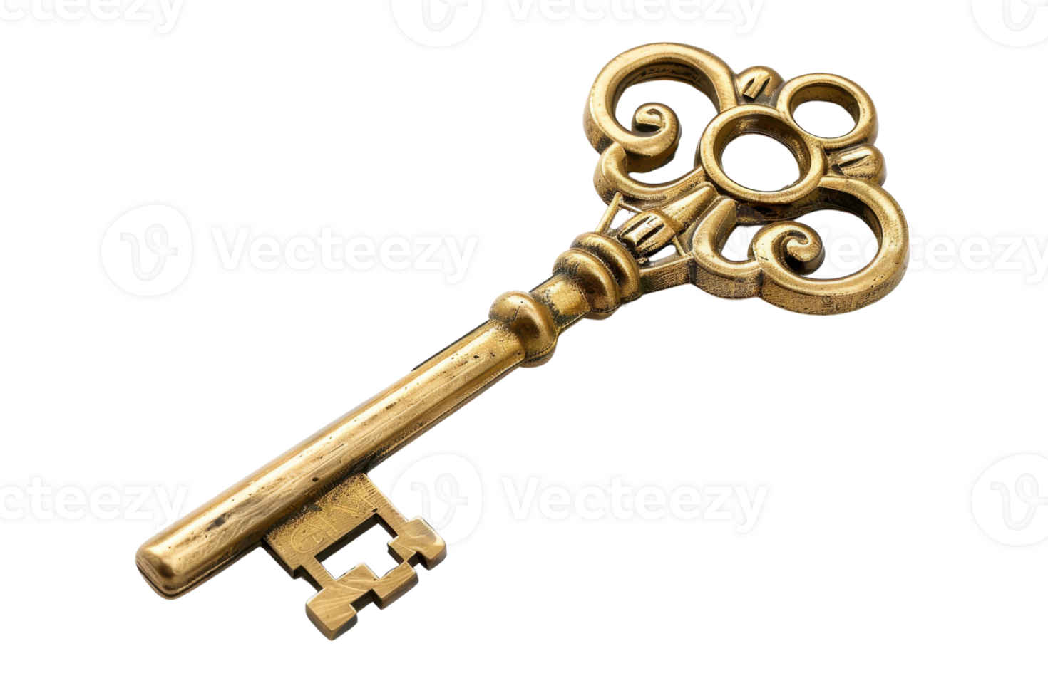 A vintage, ornate golden skeleton key with intricate details, representing history, security, and mystery. Ideal for various themed stock photos. png