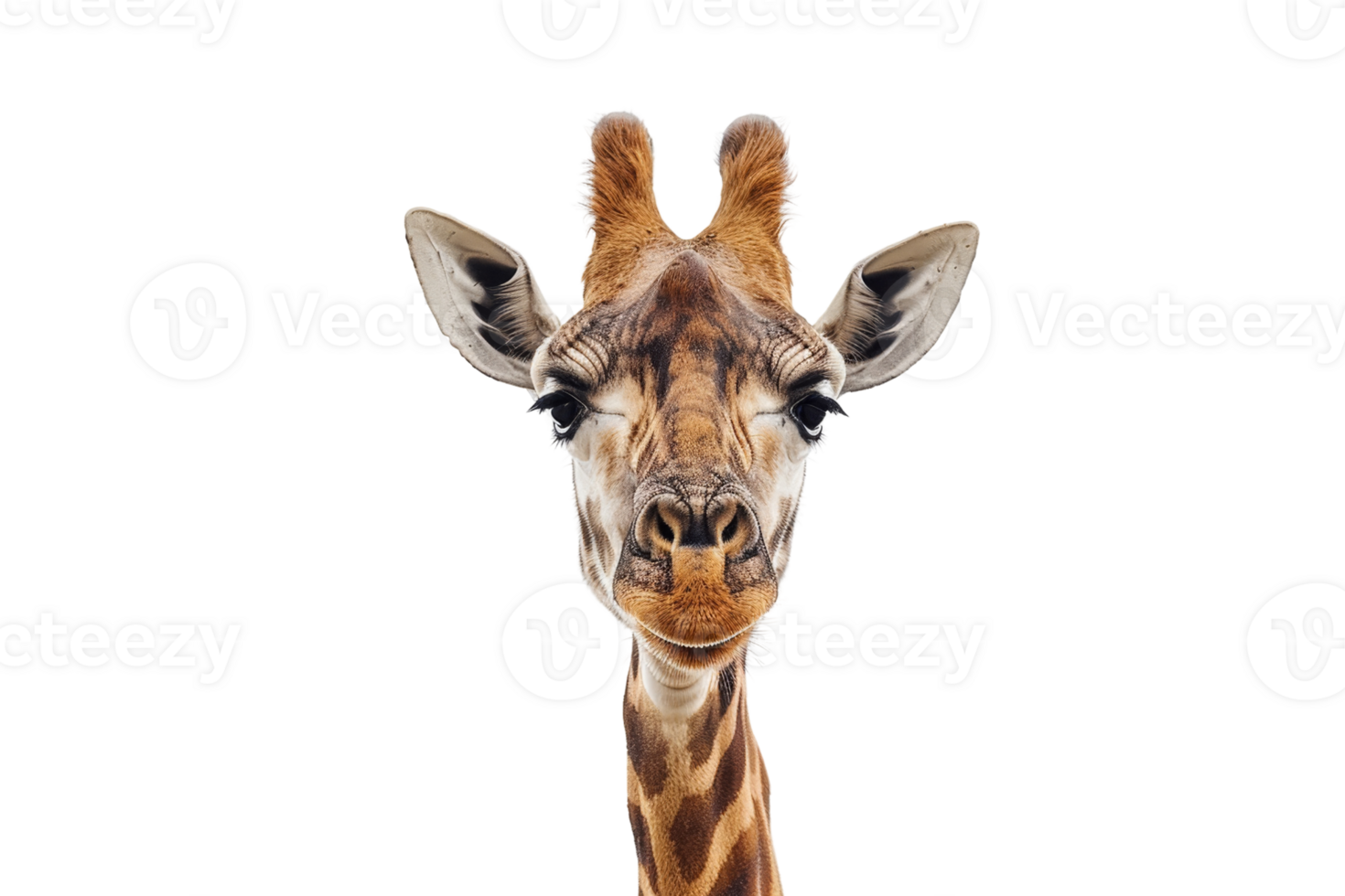 Close-up of a giraffe's face isolated on a transparent background. showcasing its unique spots and tall neck. png