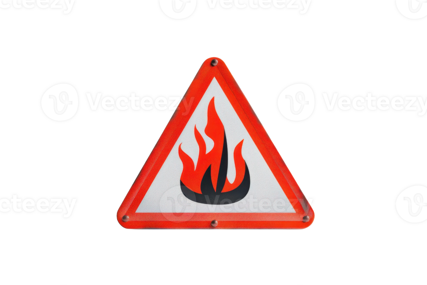 Triangular fire warning sign with red border and flame symbol, isolated on transparent background. indicating fire hazard or danger. png