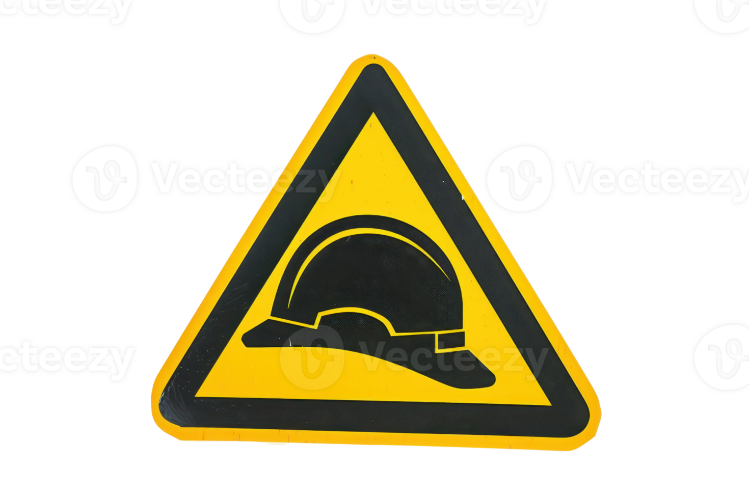 Yellow triangular safety sign with a black hard hat icon indicating a construction or caution area. Isolated on a transparent background. png