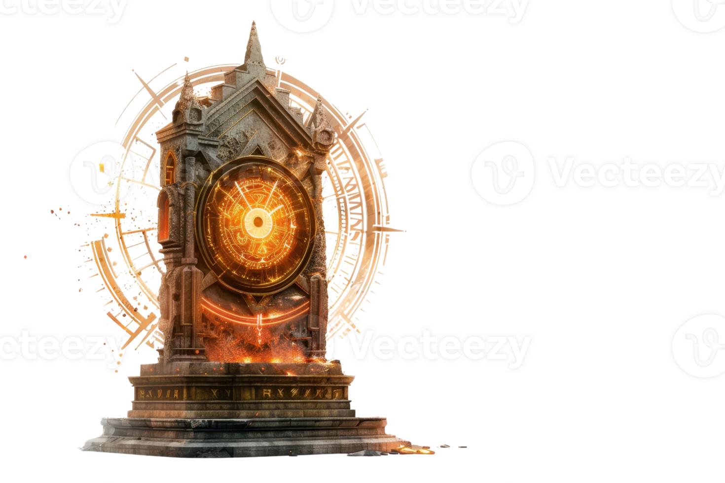 A mystical stone clock with luminous gears and intricate details set against a dark background, evoking fantasy and magic themes. png