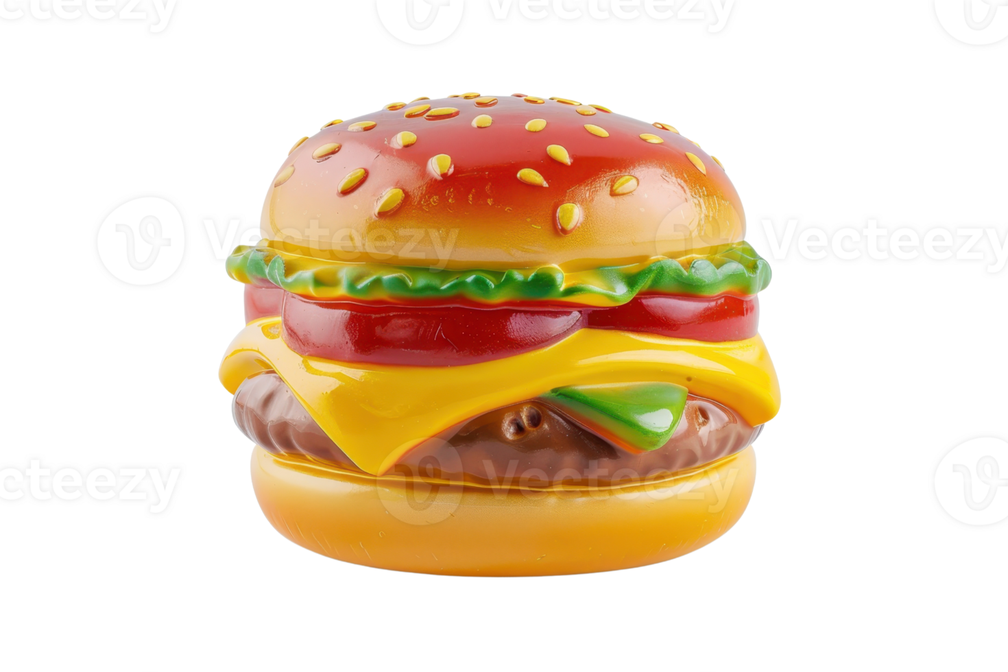 A realistic plastic model of a cheeseburger with lettuce, tomato, cheese, and sesame seed bun, isolated on a transparent background. png