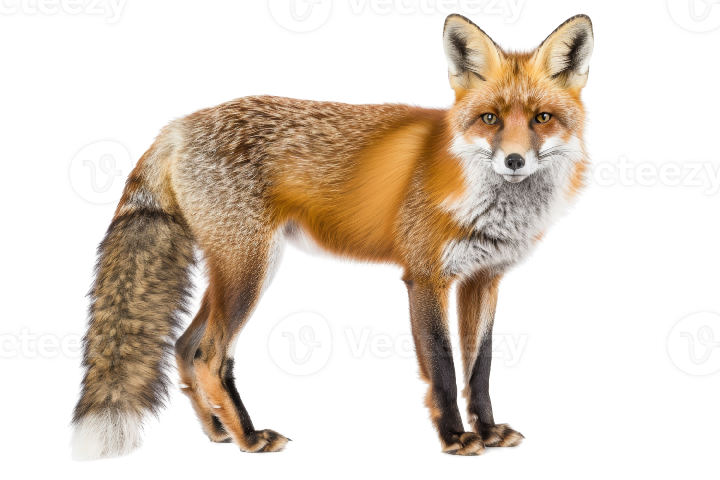 A majestic red fox standing tall, showcasing its beautiful fur and alert expression, isolated on a transparent background. png