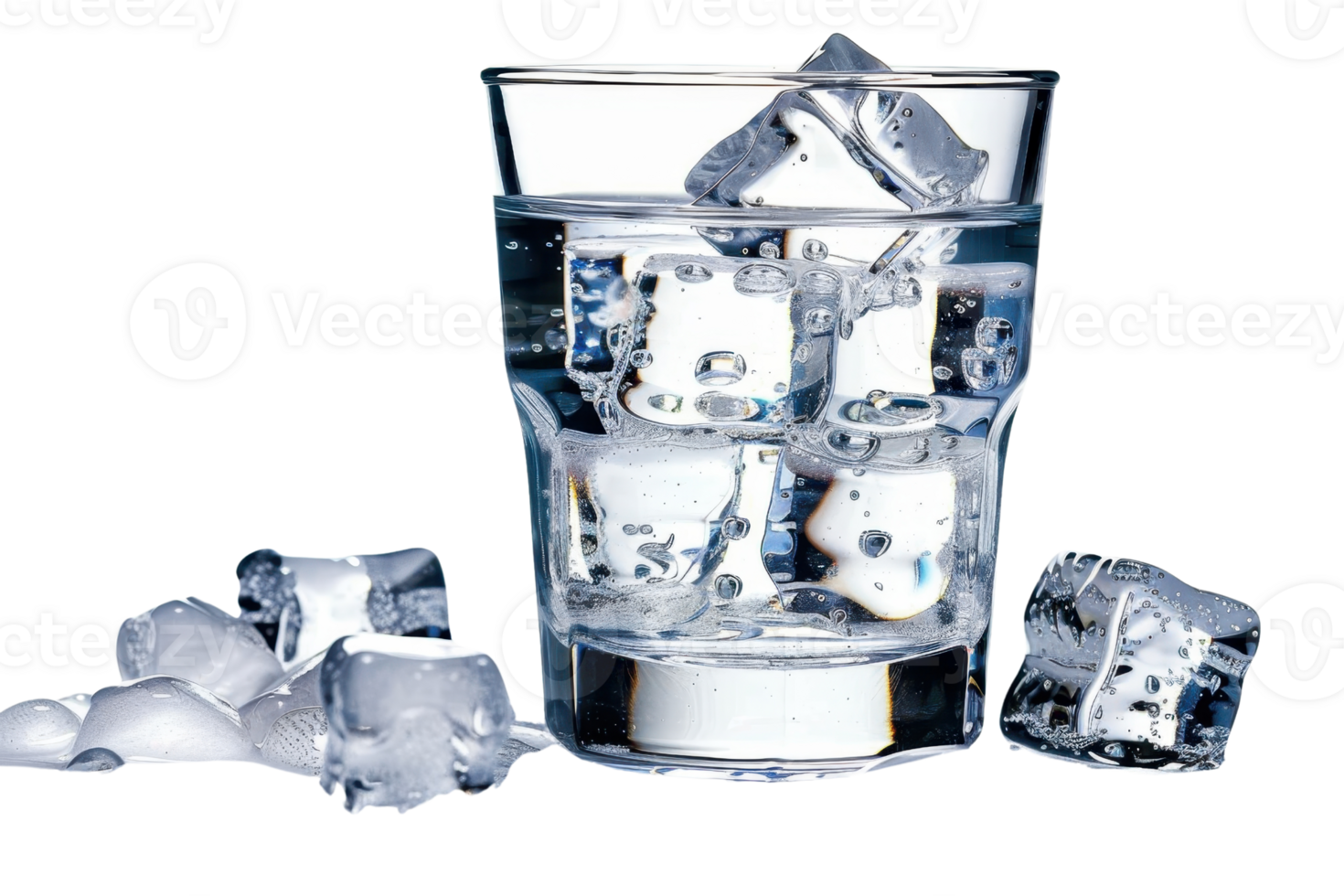 A refreshing glass of water with ice cubes, perfect for cooling down on a hot day. The clear glass highlights the cold, crystal-clear ice. png