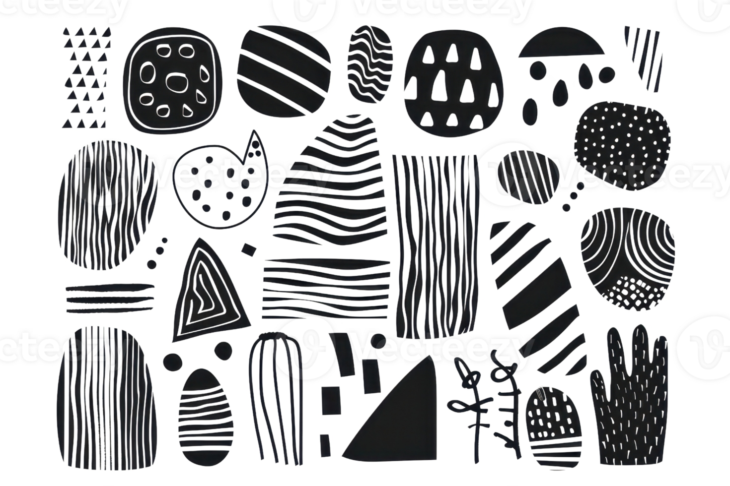 Abstract black and white geometric shapes and patterns. Diverse design elements with lines and dots, creating a modern aesthetic. png