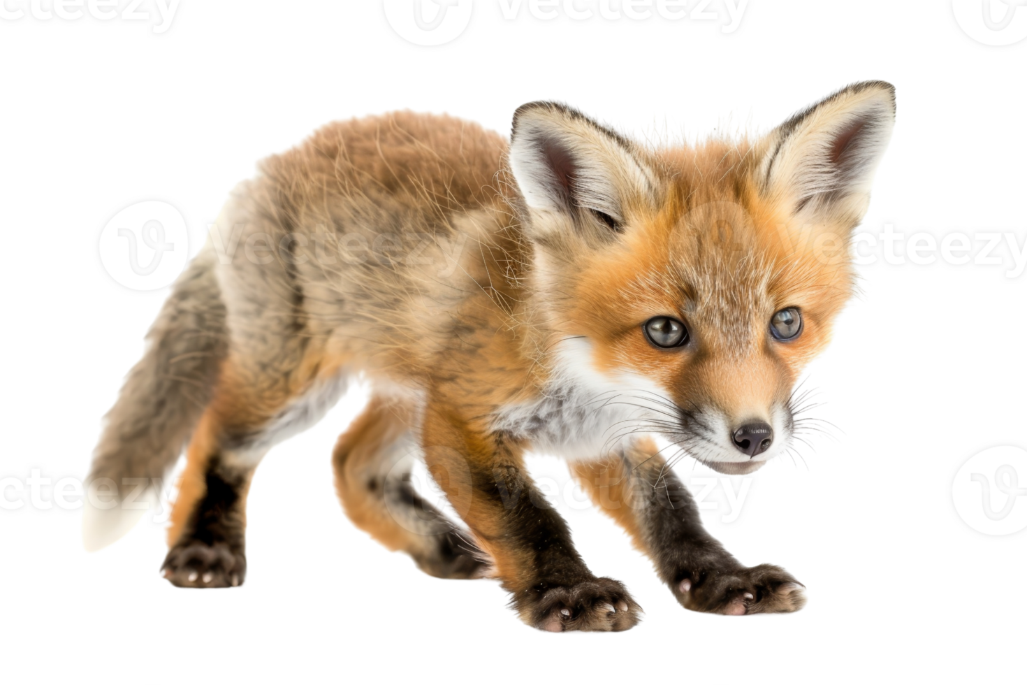 Adorable red fox cub standing and looking intensely, showcasing its vibrant fur and curious eyes isolated on transparent background. png