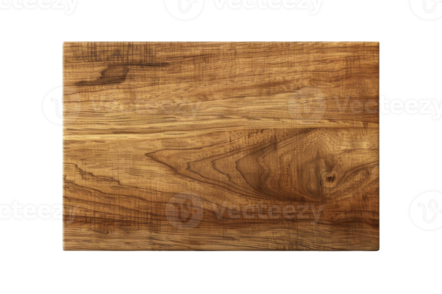 A top view of a rectangular wooden cutting board with natural grain patterns, isolated on a transparent background. png