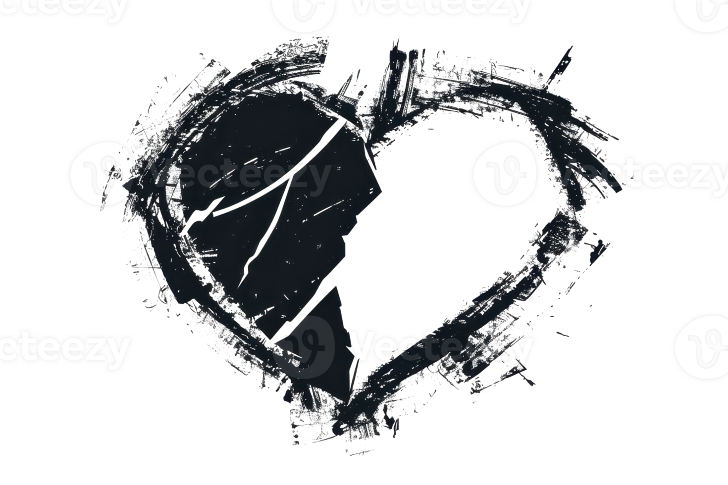 Abstract black and white heart illustration with rough, textured edges, symbolizing broken or mended feelings and emotions. png