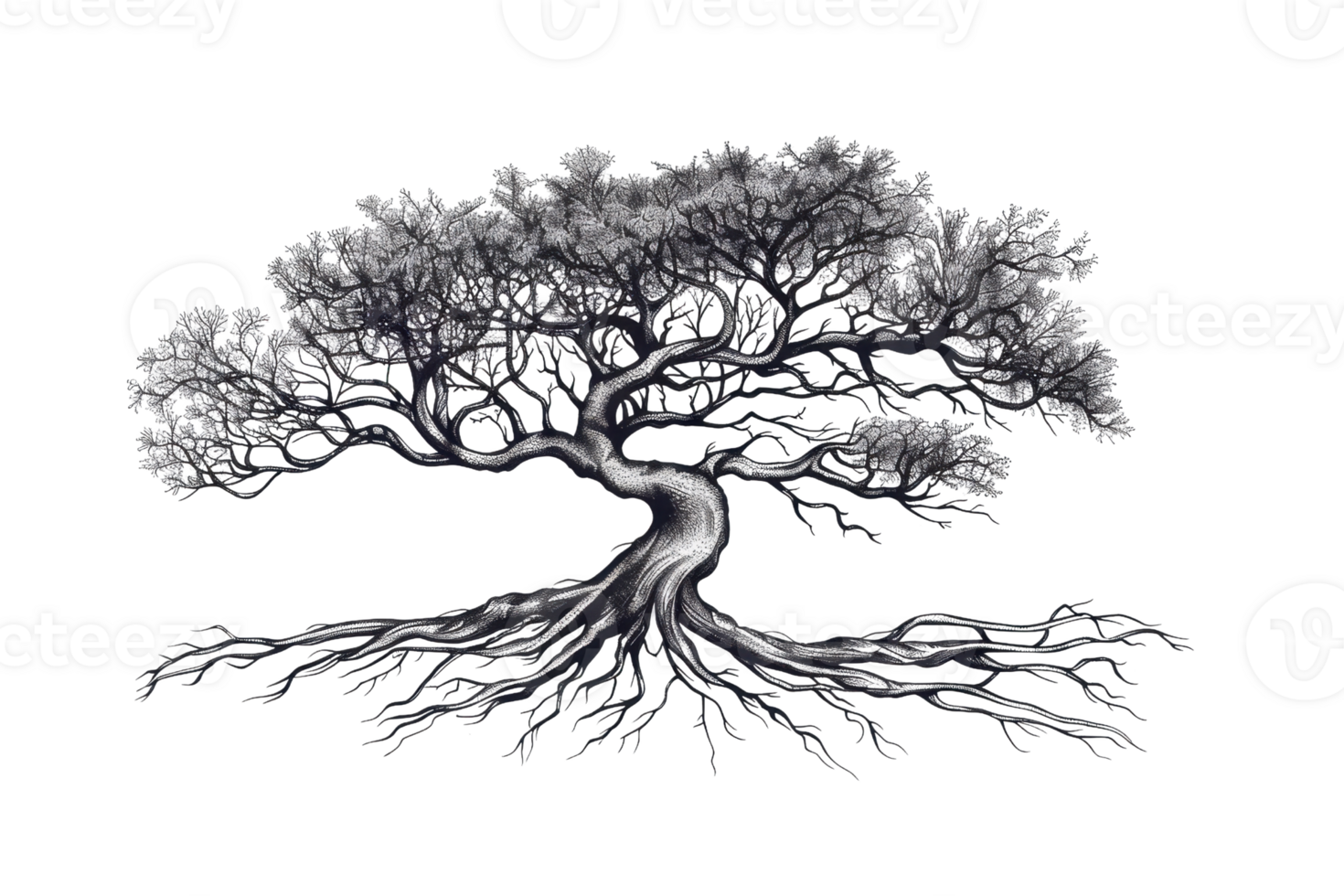 Artistic illustration of a tree with intricate branches and roots, capturing the essence of nature and growth in black and white. png