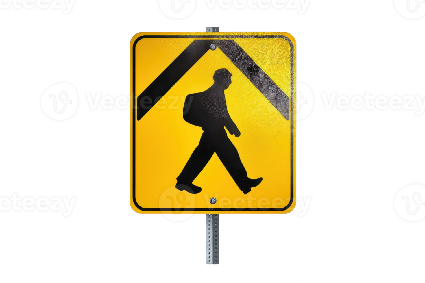 Bright yellow pedestrian crossing sign with a black silhouette of a person walking, indicating a safe crossing area for pedestrians. png