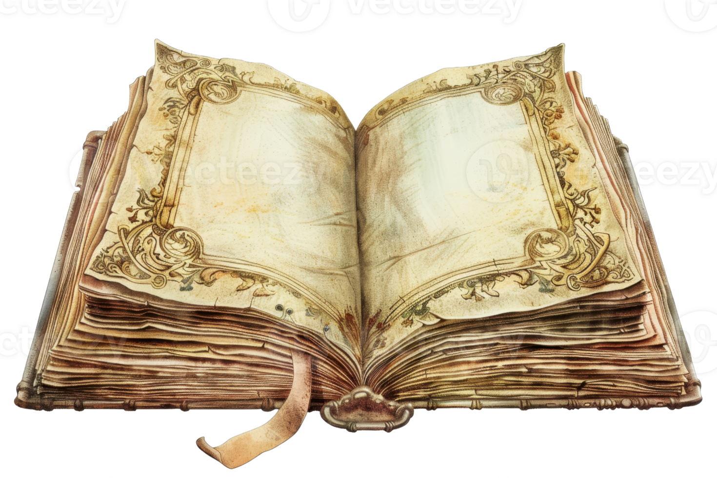 Ancient open book with ornate decor and empty pages, inviting imagination and creativity from the past into the present. png