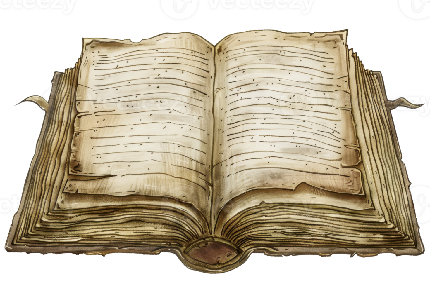 An artistic illustration of an ancient, open book. The detailed artwork showcases the worn pages and intricate lines of the antique tome. png