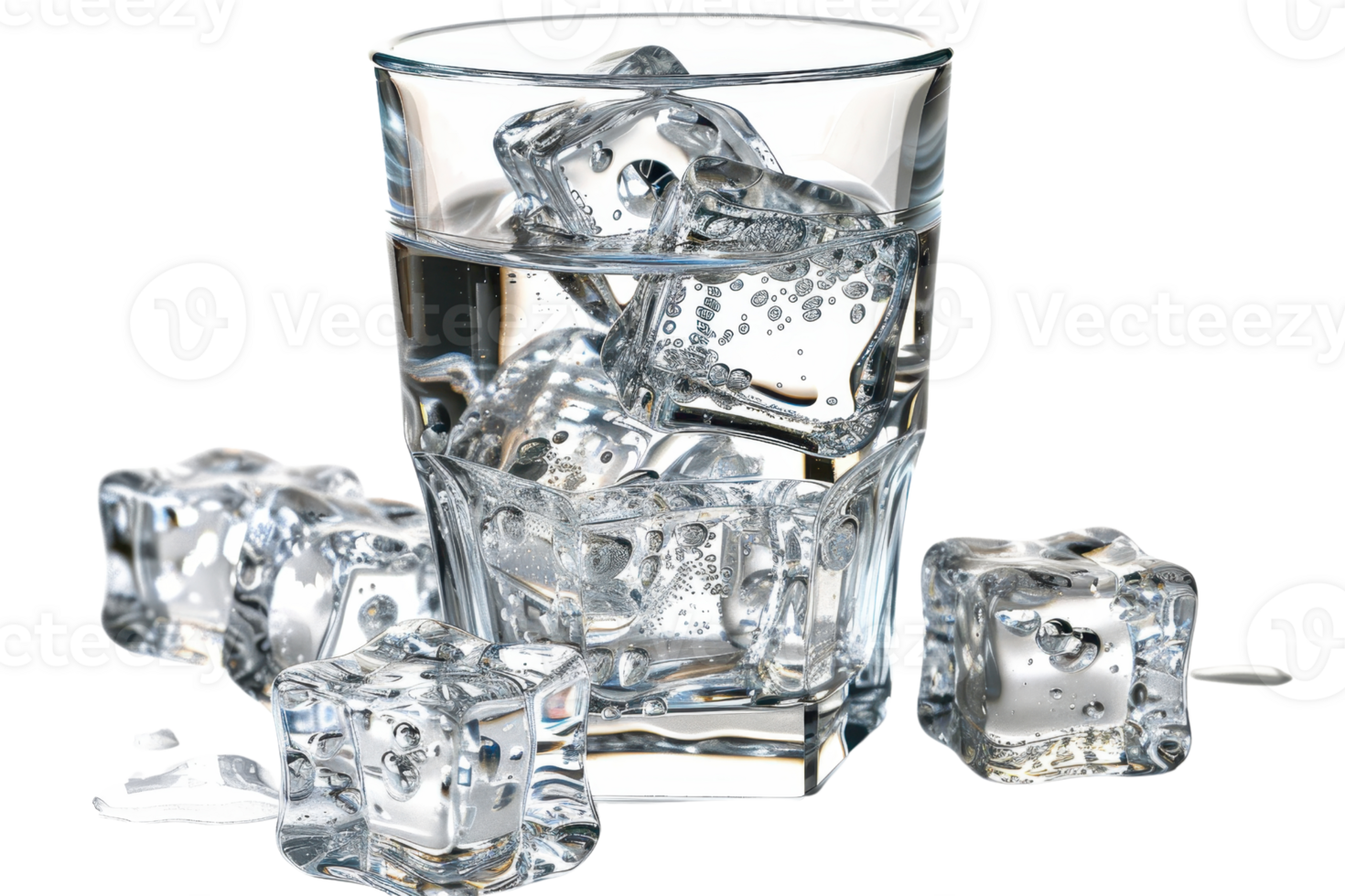 Clear glass filled with ice cubes and water with ice cubes scattered around, transparent and refreshing look for beverage imagery. png