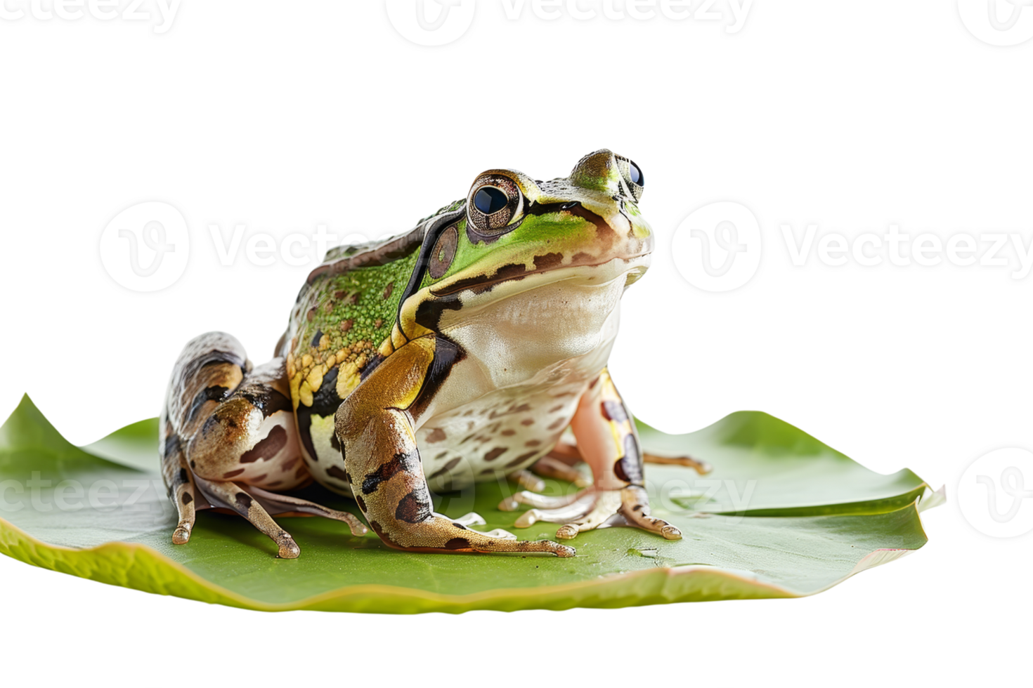 Close-up of a colorful frog perched on a green leaf, isolated on transparent background. Perfect for nature, wildlife, and amphibian themed projects. png