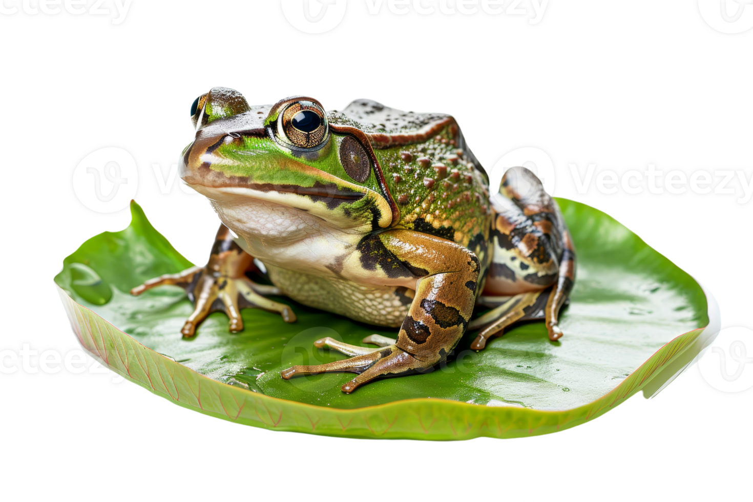 Close-up of a colorful frog sitting on a green leaf, displaying vibrant details and natural beauty in a serene setting. png