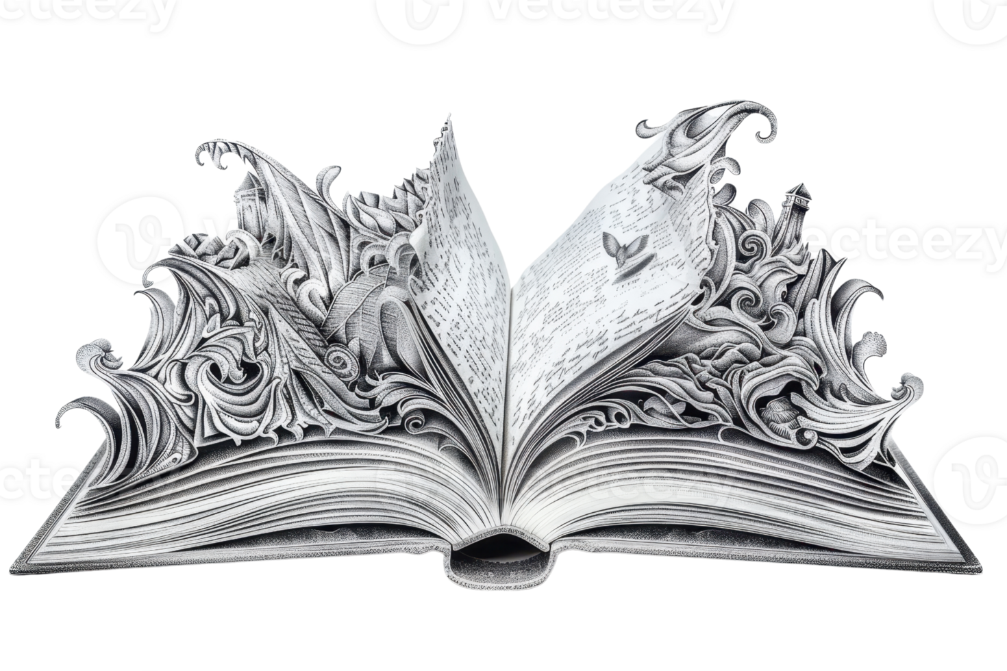 Artistic open book with intricate, imaginative designs emerging from the pages, symbolizing creativity, fantasy, and storytelling. png