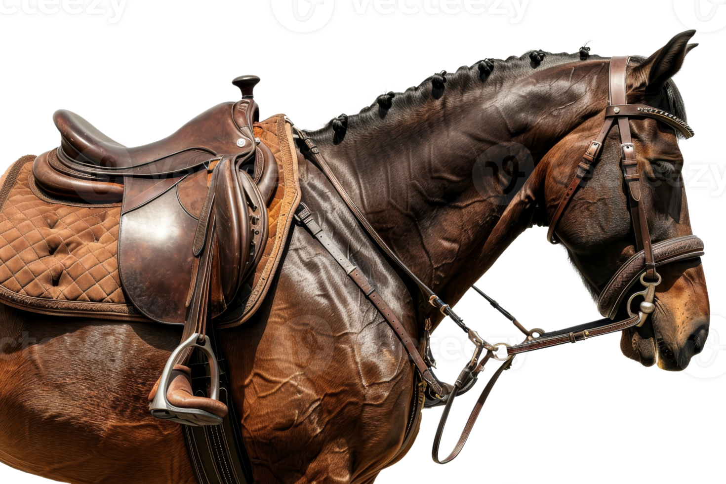 Close-up of a brown horse with detailed tack, highlighting the saddle, bridle, and reins, perfect for equestrian themes or ranch promotions. png