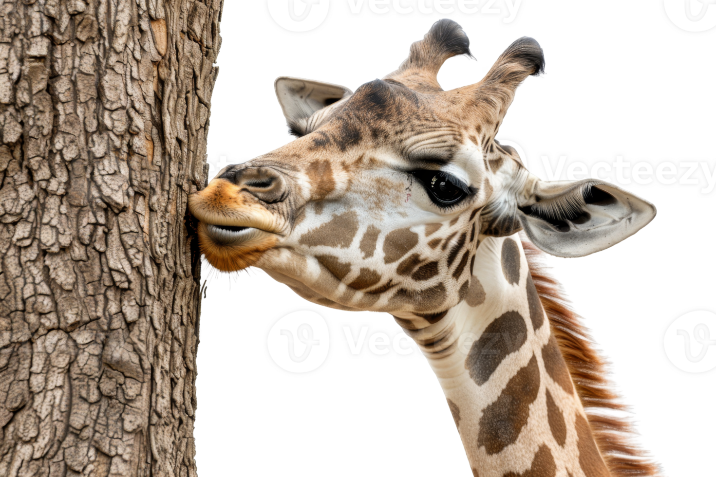 Close-up of a giraffe licking a tree bark, showcasing its long neck and distinctive spotted pattern against a transparent background. png