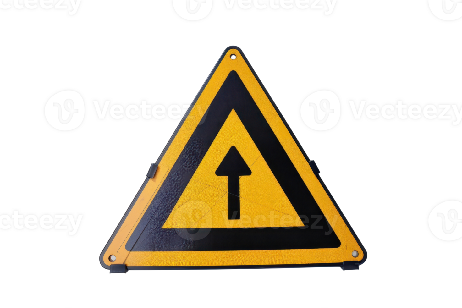 Close-up of a yellow triangular traffic sign with a black arrow pointing upward, indicating a direction or warning on a transparent background. png