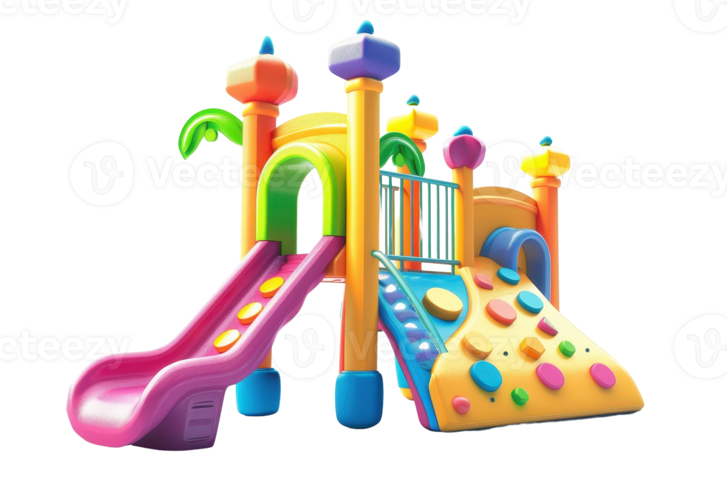 Colorful children's playground equipment with slides and climbing wall, perfect for outdoor fun and development. png