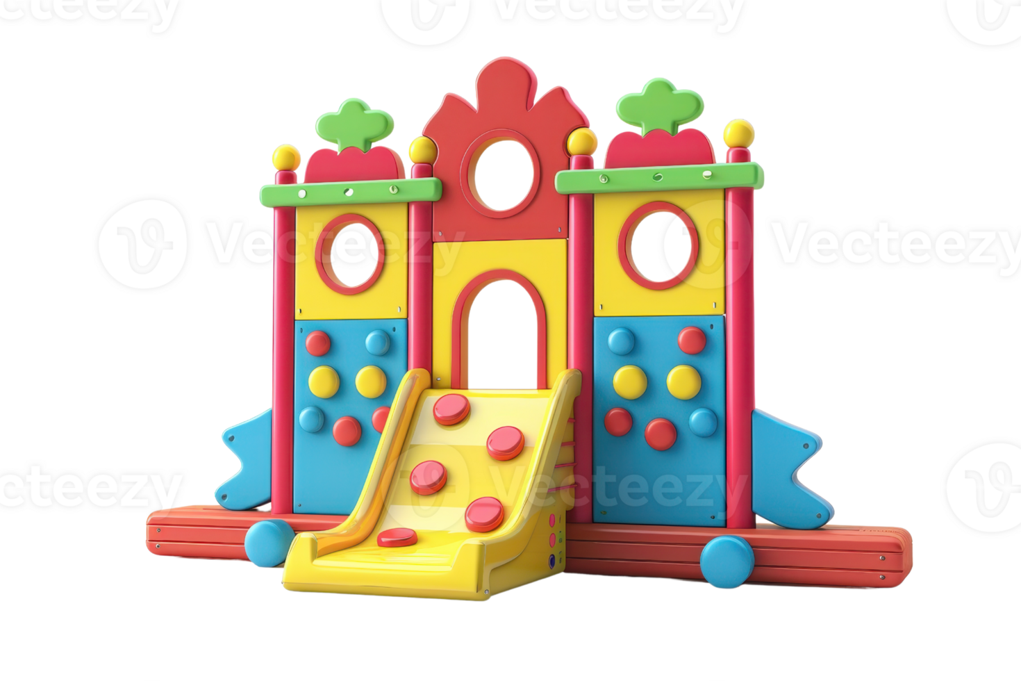 colorato figli di terreno di gioco impostato con diapositiva, arrampicata parete, e torri, ideale per all'aperto divertimento e fisico attività. png