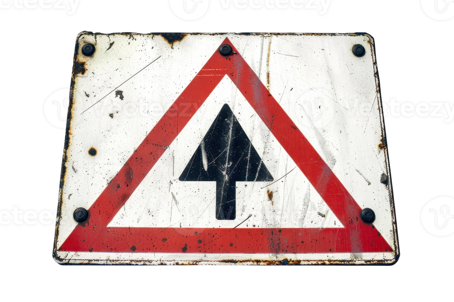 Close-up of an old, weathered road sign indicating an upcoming intersection. The sign shows signs of rust and wear, highlighting its age. png
