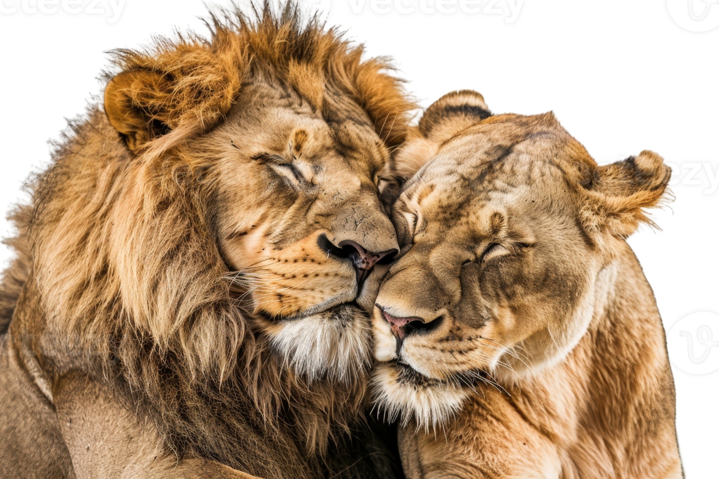 Close-up of a lion and lioness sharing an intimate moment, showcasing their bond and affection in the wild. png