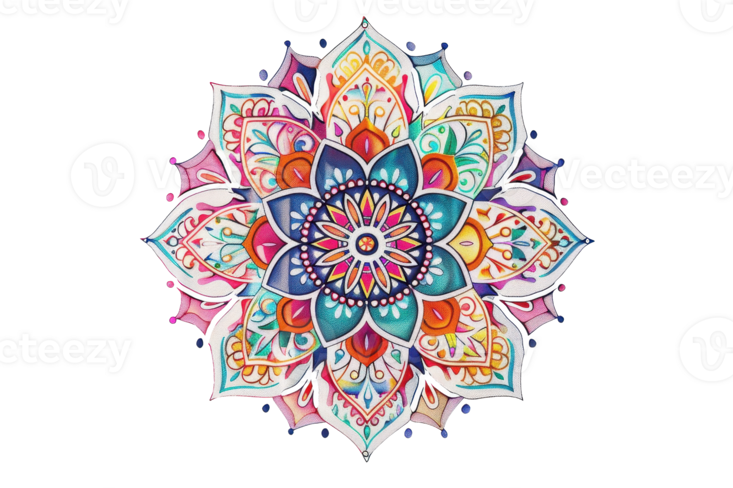 Colorful mandala pattern with intricate details and vibrant hues, perfect for design, art, or meditation-themed projects. png