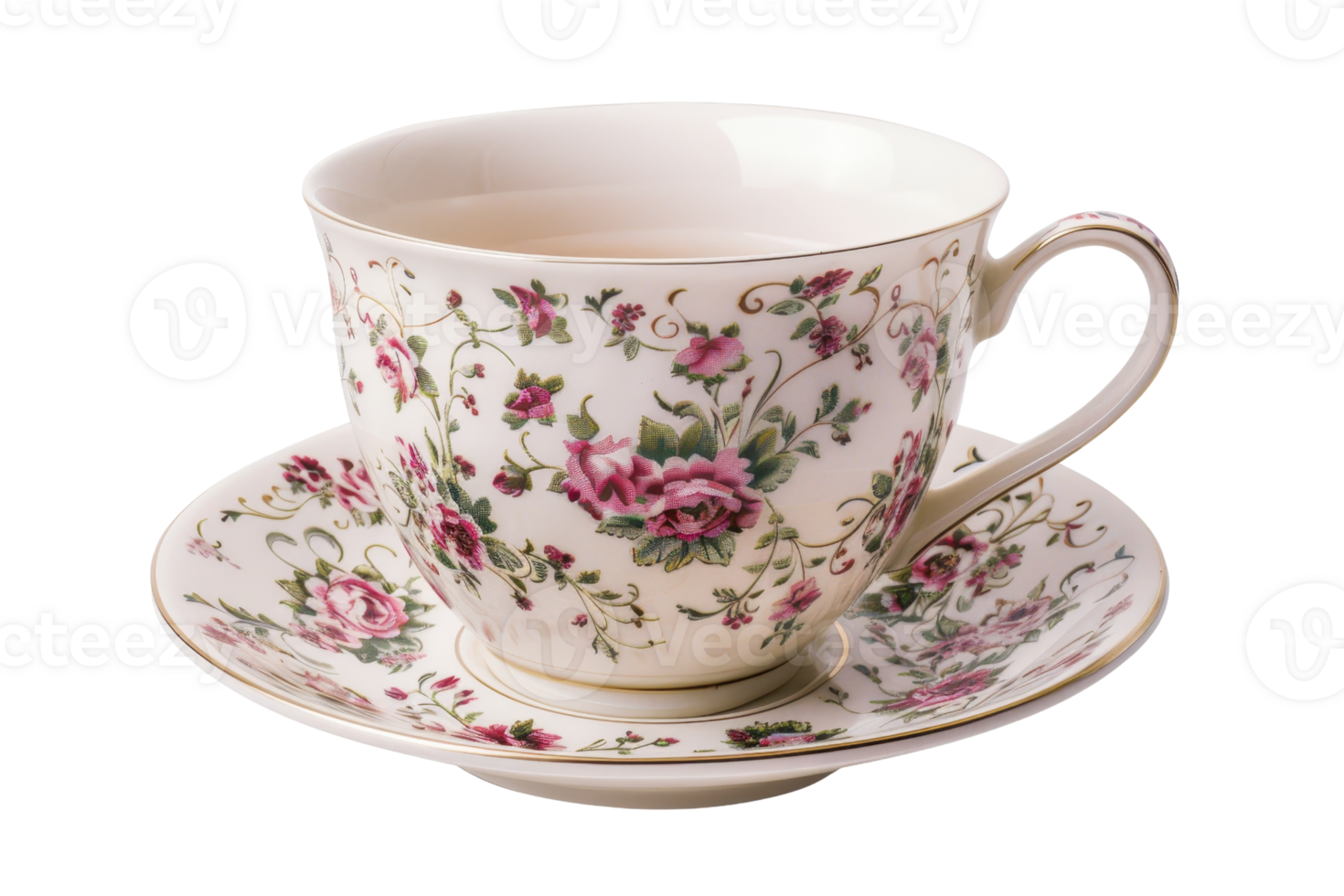 Elegant floral teacup and saucer set with intricate pink flower patterns, perfect for tea parties or home decor. png