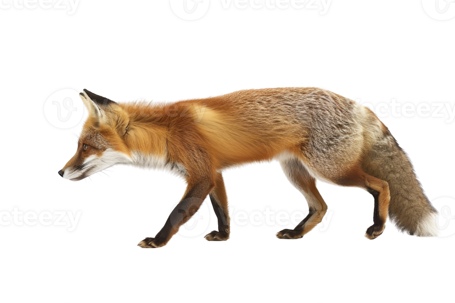 Graceful red fox on the move, isolated on a transparent background. showcasing its sleek fur and sharp features. png