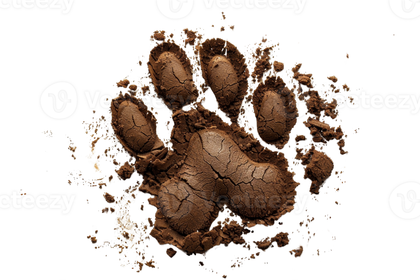 Digital rendering of a mud-covered animal paw print isolated on a transparent background. symbolizing wilderness and nature exploration. png