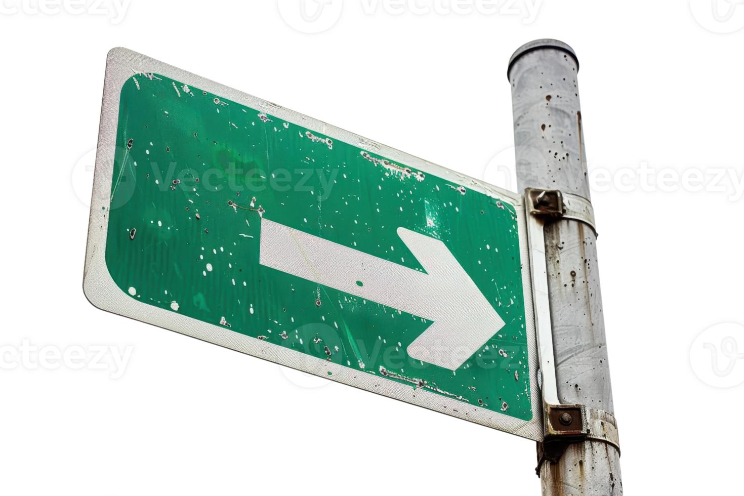 Green directional road sign with white arrow pointing right. Weathered and aged, isolated on transparent background. for stock photo use. png