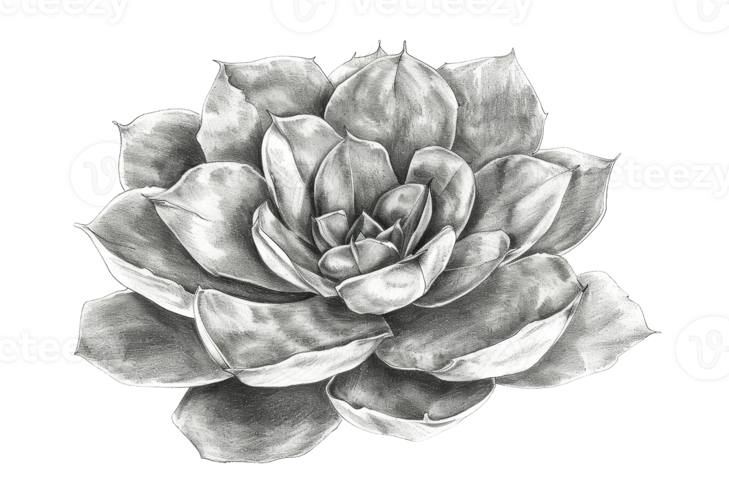 Detailed black and white pencil sketch of a succulent, showcasing the intricate texture and natural beauty of the plant. png