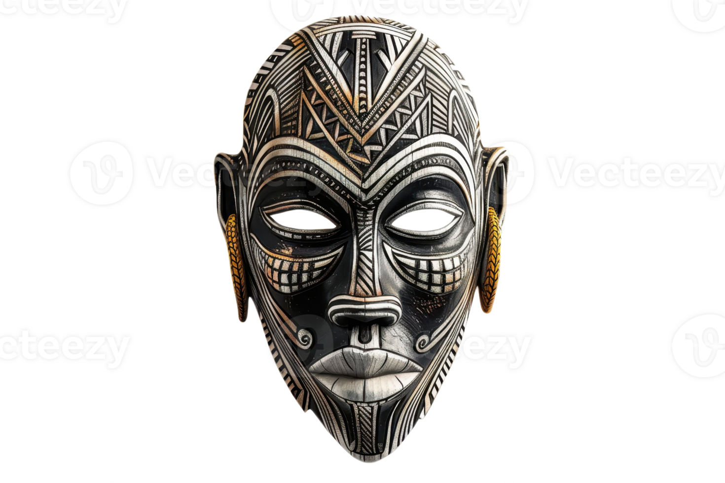Intricately designed African tribal mask with geometric patterns, rich textures, and detailed carvings, reflecting traditional craftsmanship. png