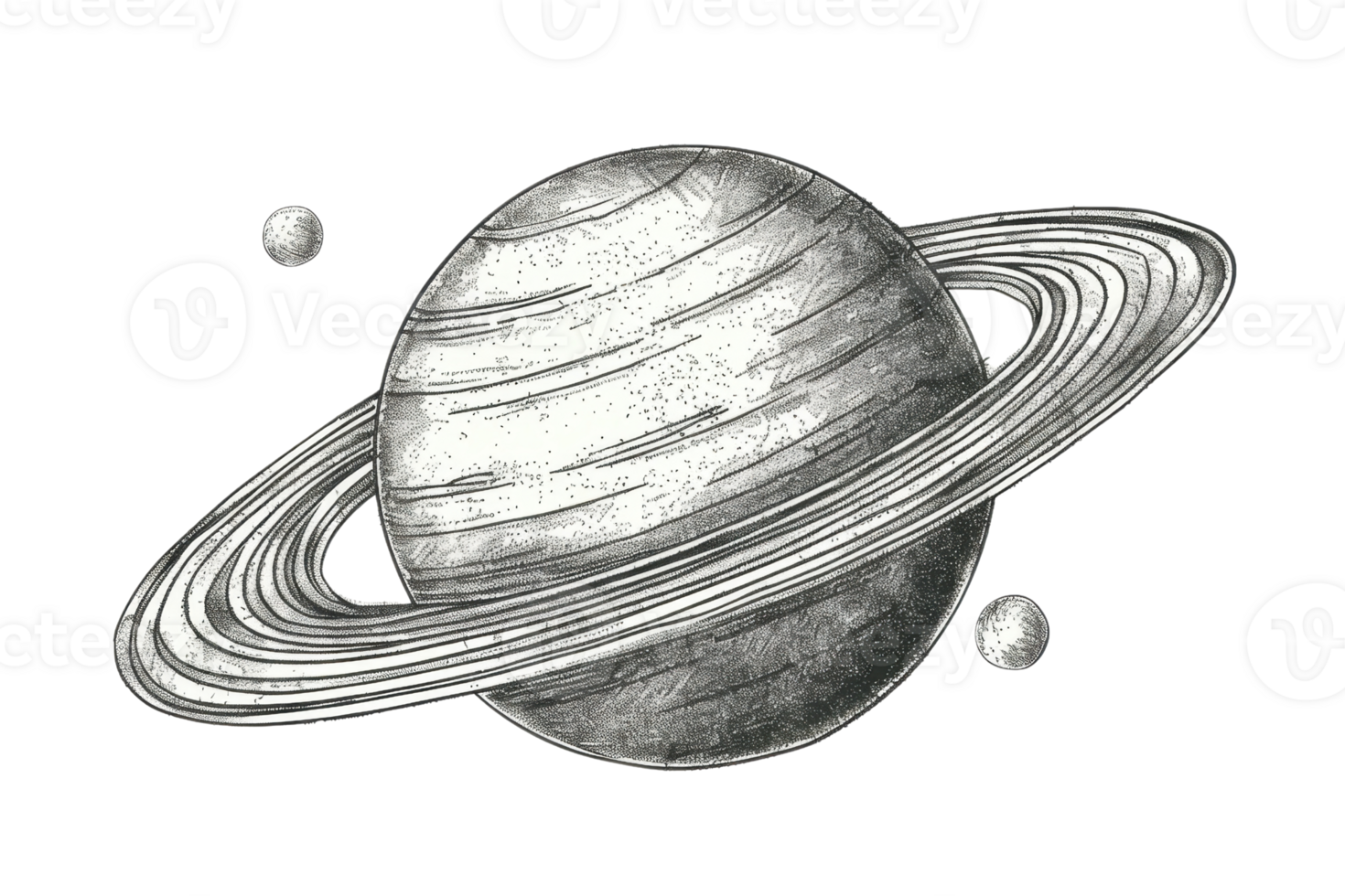 Hand-drawn illustration of a planet with rings and two moons, showcasing space and astronomy-themed artwork. png